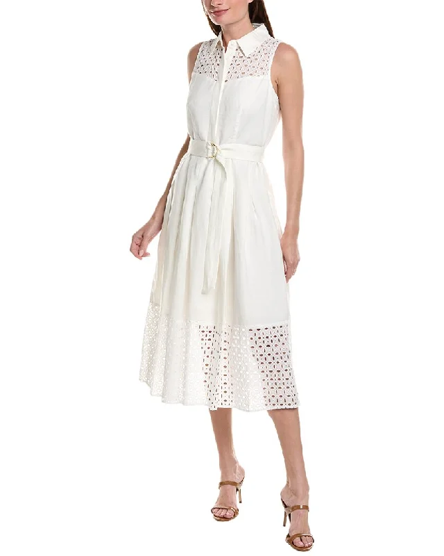 Anne Klein Pleated Linen-Blend Midi Dress Trendy Square Neck Midi Dress