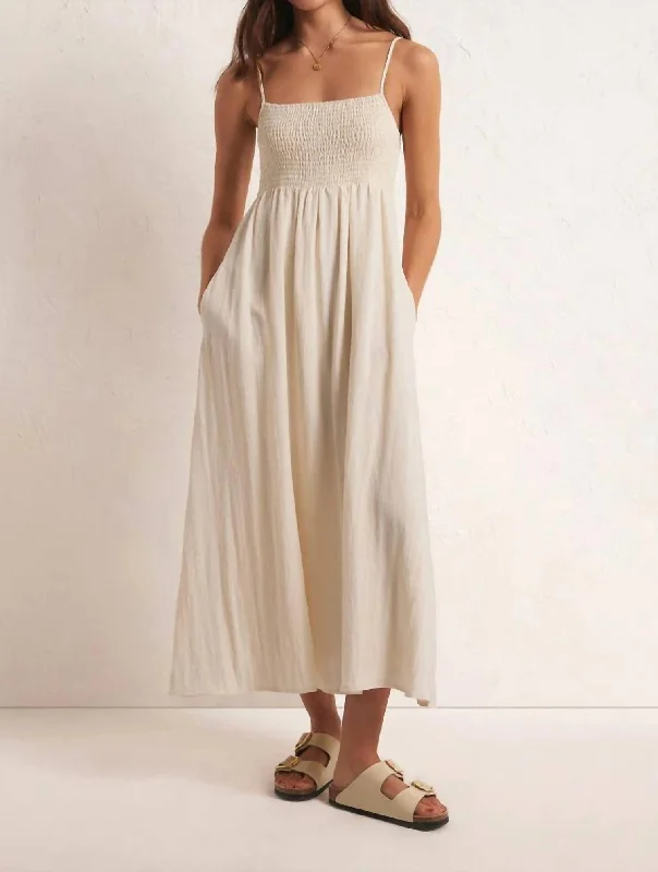 Beachside Midi Dress In Beige Comfortable Empire Waist Midi Dress