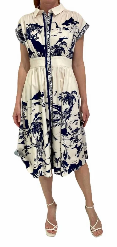 Belted Embroidered Midi Dress In Cream Navy Elegant Maxi-Midi Hybrid Dress