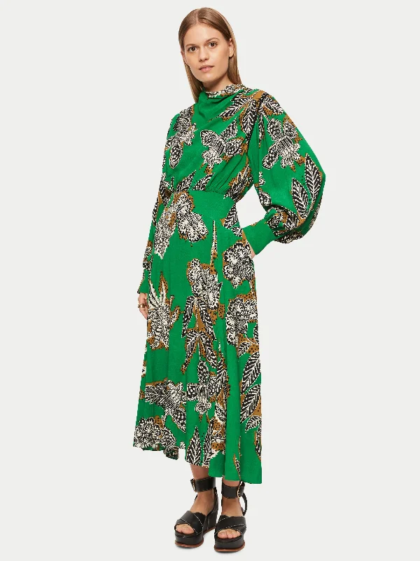 Block Floral Midi Dress | Green Stylish Button-Down Midi Dress