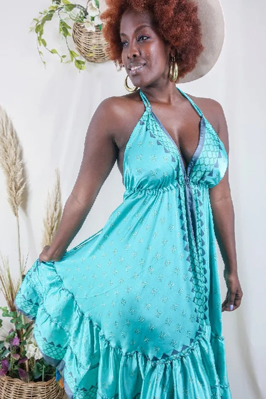 Blossom Halter-Neck Midi Dress - Aqua & Slate Mandala Flora - Free Size M Fashionable Pencil Midi Dress