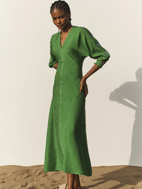Button Detail Crepe Midi Dress | Green Trendy Knit Midi Dress