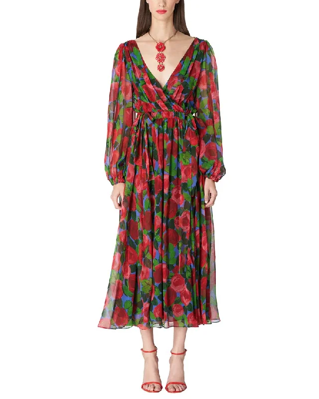 Carolina Herrera V-Neck Faux Wrap Silk Midi Dress Stylish Midi Dress with Cuffs