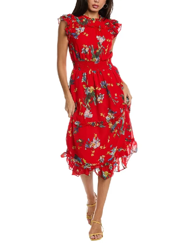 CeCe Smocked Waist Midi Dress Fashionable Floral Embroidery Midi Dress