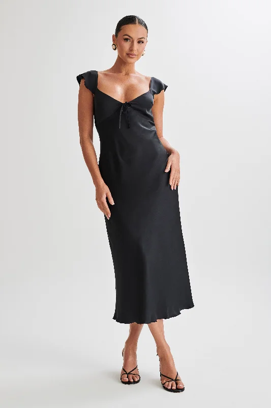 Chantal Short Sleeve Satin Midi Dress - Black Trendy Floral Wrap Midi Dress