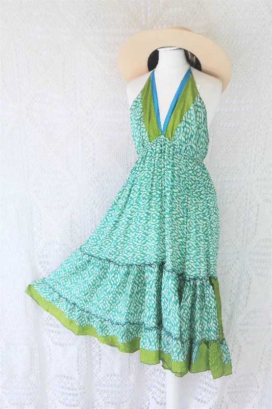 Cherry Midi Dress - Vintage Indian Sari - Sea Green & Lime Tile Print - Free Size Elegant Faux Wrap Midi Dress