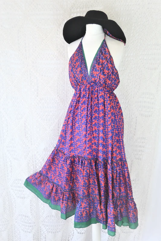 Cherry Midi Dress - Vintage Indian Sari - Deep Coral & Indigo Motif - Free Size Stylish Midi Dress with Cuffs