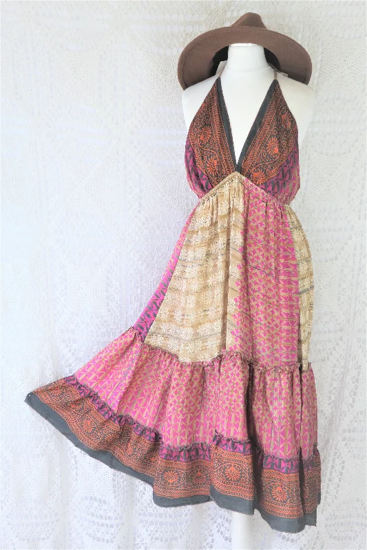 Cherry Midi Dress - Vintage Indian Sari - Pink & Earth Toned Patchwork - Free Size S/M Trendy Mock Neck Midi Dress