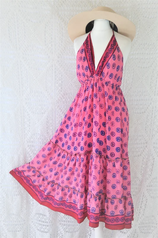 Cherry Midi Dress - Vintage Indian Sari - Bubblegum & Indigo Polka Dot - Free Size Stylish Pleated Skirt Midi Dress