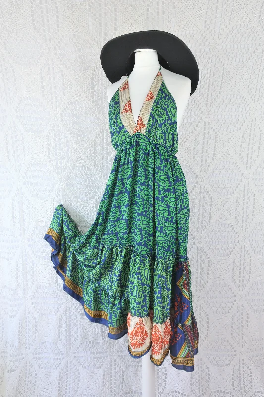 Cherry Midi Dress - Vintage Indian Sari - Indigo & Apple Bold Paisley - Free Size Trendy Smocked Detail Midi Dress