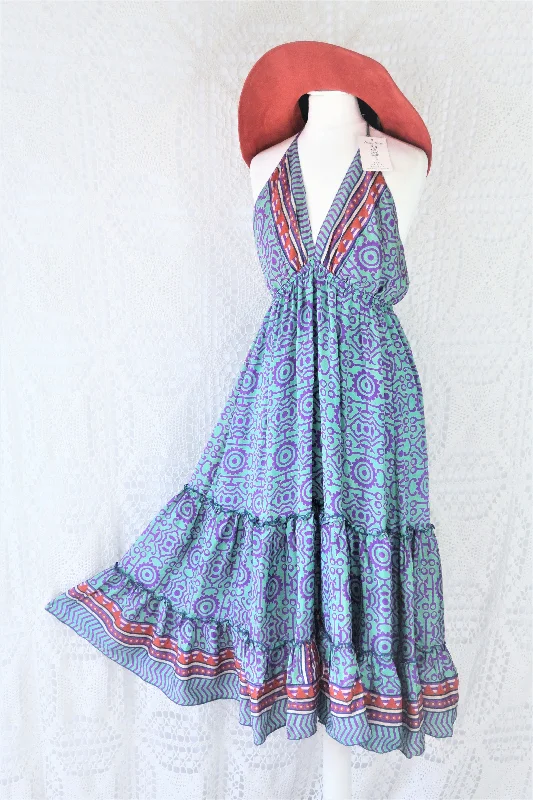 Cherry Midi Dress - Vintage Indian Sari - Seafoam, Sienna & Violet Tile Print - Free Size Stylish Cold Shoulder Midi Dress