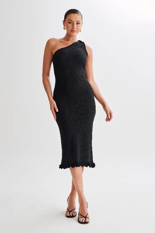 Clementine One Shoulder Knit Midi Dress - Black Trendy Boho Midi Dress