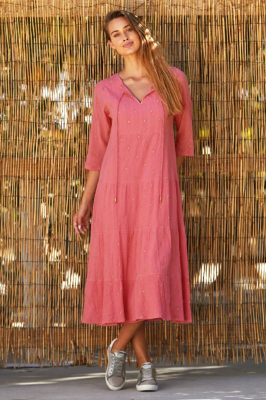 Crystal Embroidered Midi Dress | Bright Pink Trendy Floral Wrap Midi Dress