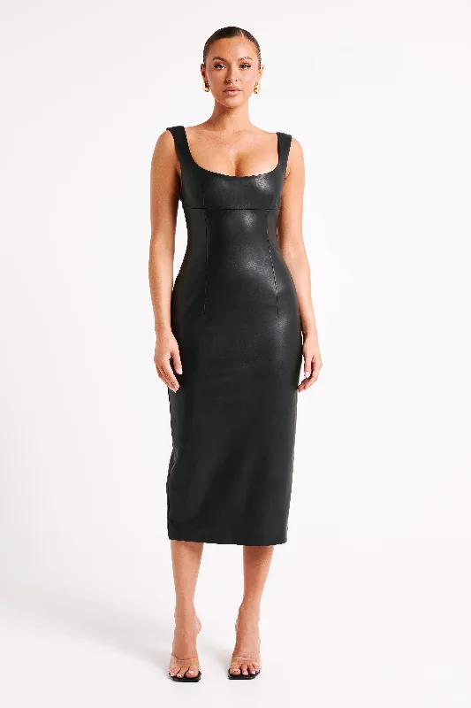 Cynthia Faux Leather Midi Dress - Black Comfortable Ribbed Midi Dress
