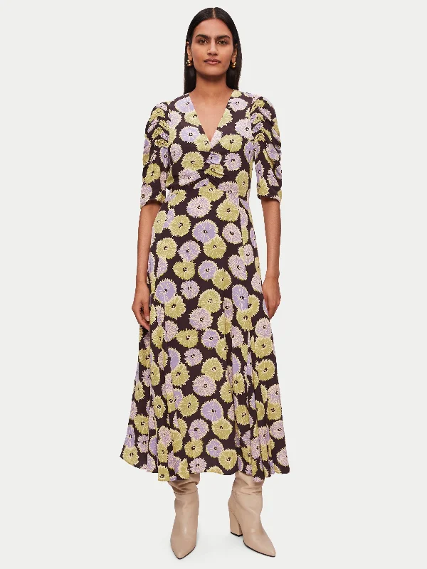 Dandelion Floral Midi Dress | Brown Trendy Off-Shoulder Button Midi Dress