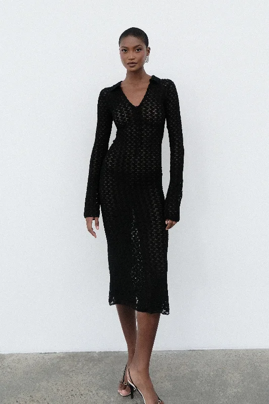 Dionne Lace Long Sleeve Midi Dress - Black Comfortable Short Sleeve Midi Dress