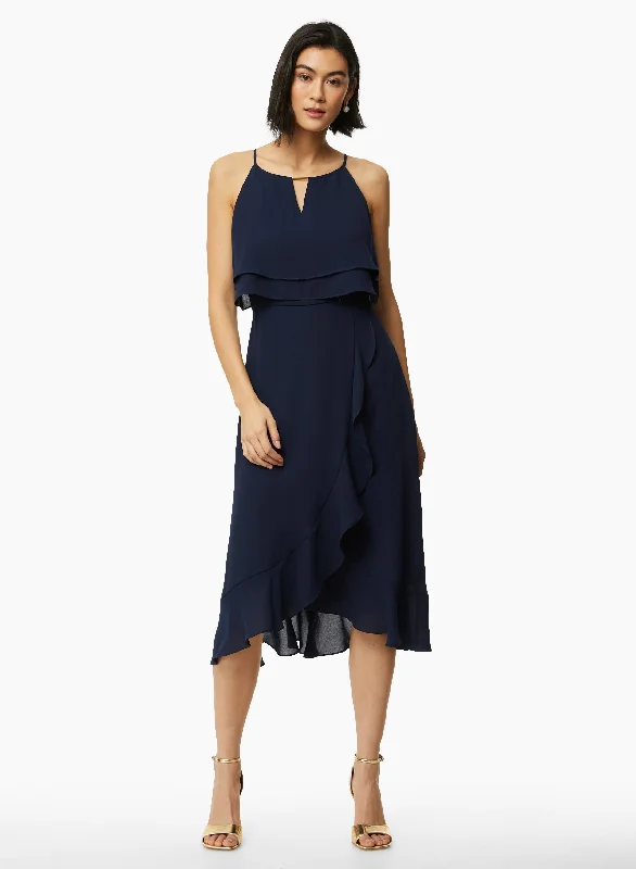 Double Ruffle Keyhole Midi Dress Comfortable Knitwear Midi Dress