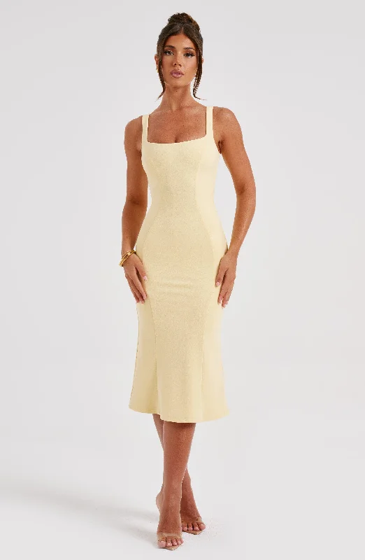 Elaine Midi Dress - Lemon Elegant Satin Button Midi Dress