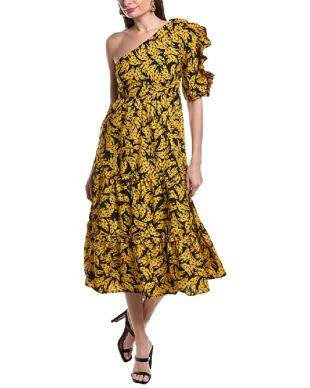 FARM Rio Black Spotted Bananas Midi Dress Trendy Fit-and-Flare Midi Dress
