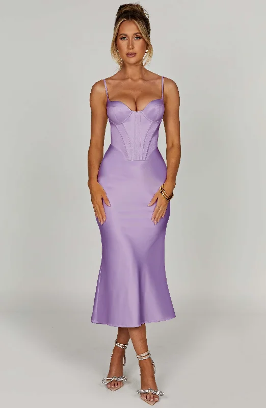 Farrah Midi Dress - Purple Comfortable Geometric Print Midi Dress