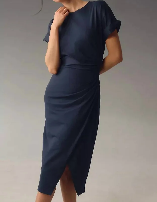 Faux Wrap Midi Dress In Navy Trendy Midi Dress with Belt
