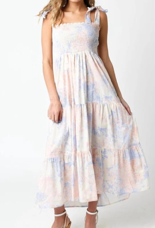 Floral Smocked Midi Dress In Multi Color Pastel Trendy Tiered Hem Midi Dress