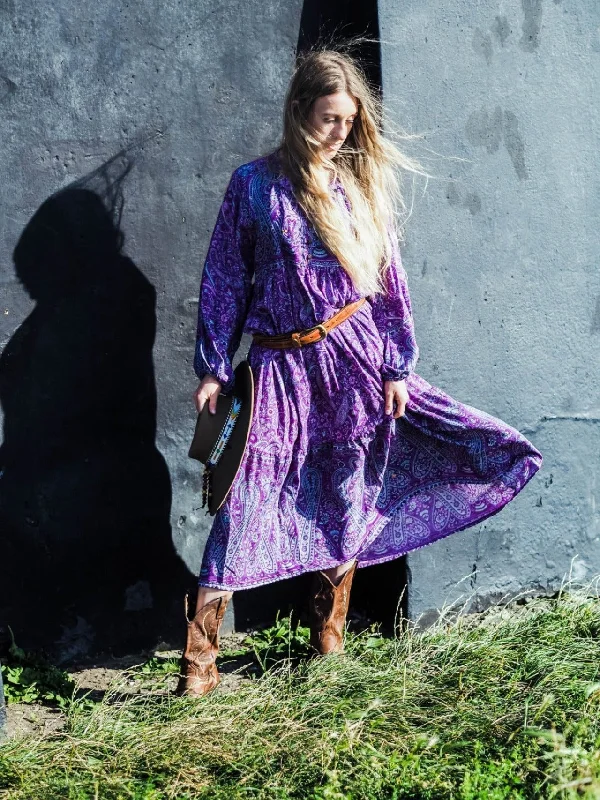 Florence Midi Dress in Orchid Purple Paisley Floral Comfortable Button Front Midi Dress