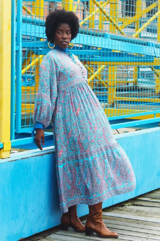 Florence Midi Dress in Powder Blue & Peach Paisley Floral Stylish Long Sleeve Floral Midi Dress