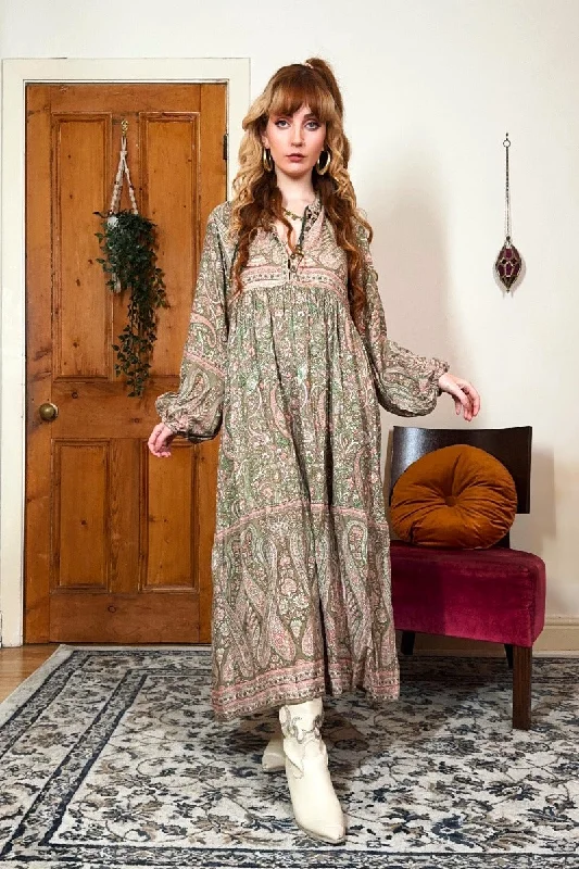Florence Midi Dress in Sage & Blush Paisley Floral Stylish Off-Shoulder Ruffle Dress