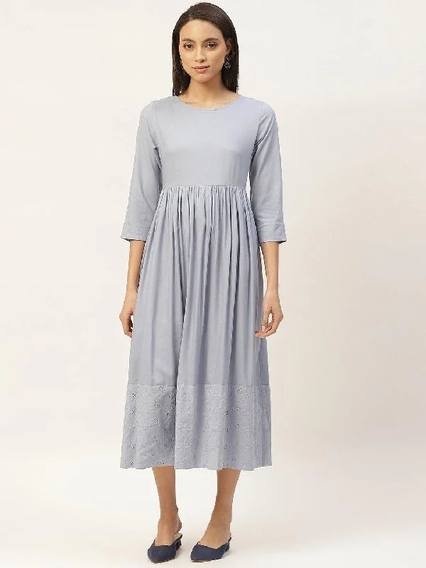 Women's Grey Schiffli Gathered Midi Dress - SASSAFRAS Trendy Flared Sleeve Midi Dress