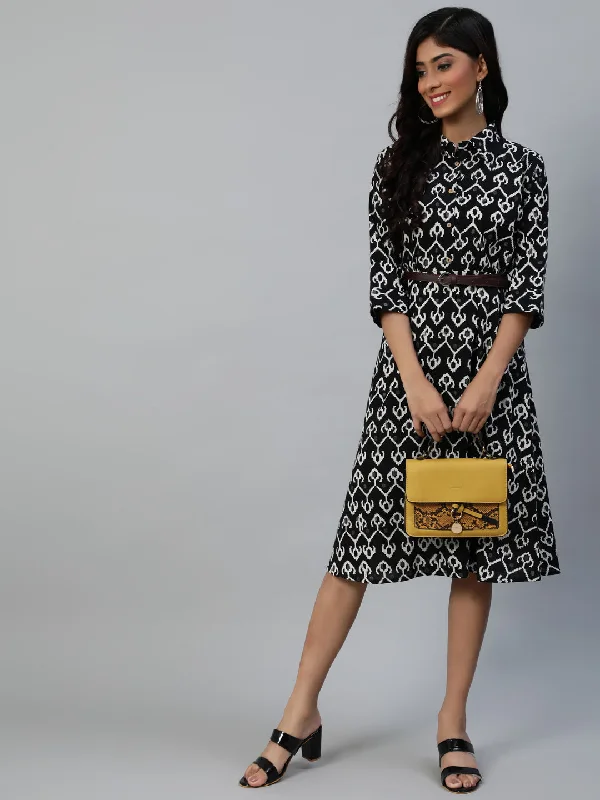 Women's Black A-Line Midi Dress - Anubhutee Cozy Tie-Dye Midi Dress