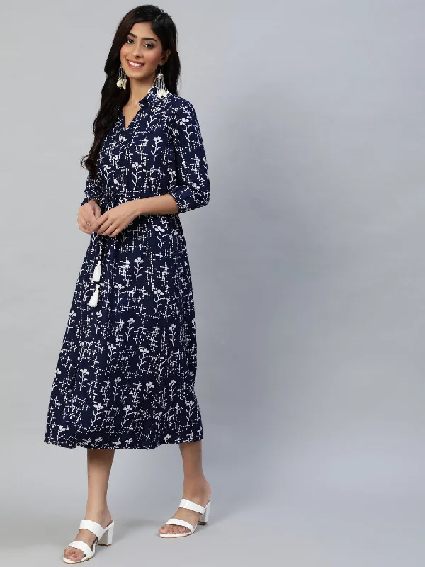 Women's Navy Blue Floral Shirt Midi Dress - Anubhutee Comfortable Button Front Midi Dress