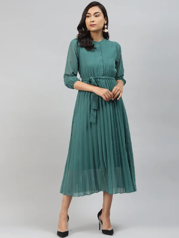 Women's Emerald Green Pleated Midi Dress - SASSAFRAS Fashionable Pencil Midi Dress