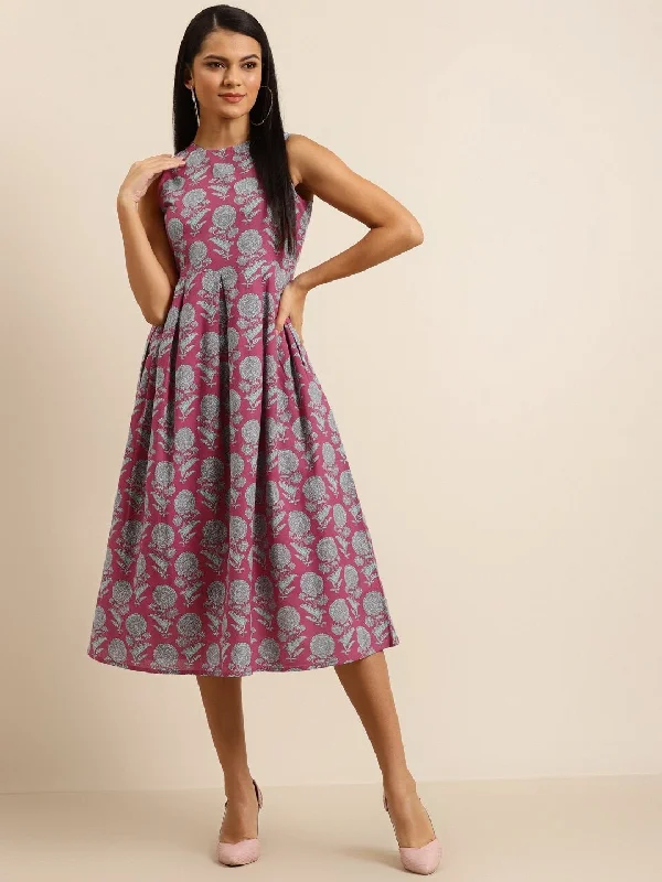 Women's Pink Floral Sleeveless Box Pleat Midi Dress - SHAE Comfortable Deep V Midi Dress