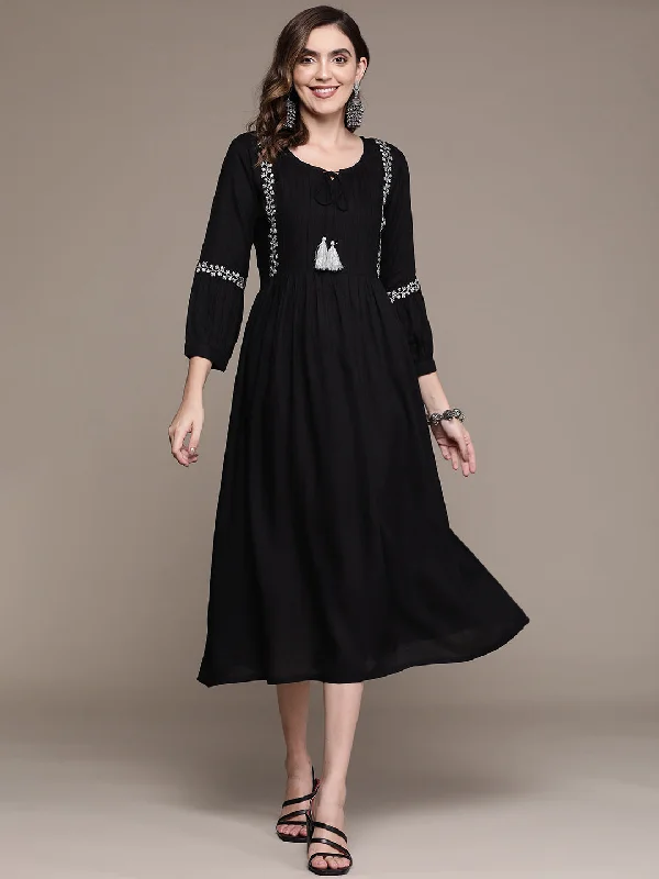 Women's Black Ethnic Motifs Embroidered Ethnic A-Line Midi Dress - Anubhutee Stylish Halter Neck Midi Dress