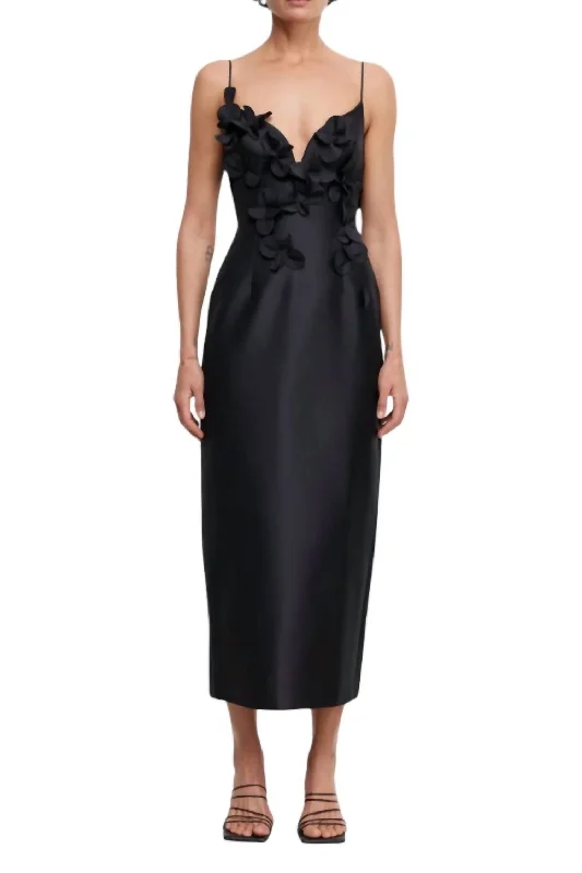 Isla Column Midi Dress In Black Elegant V-Neck Midi Dress
