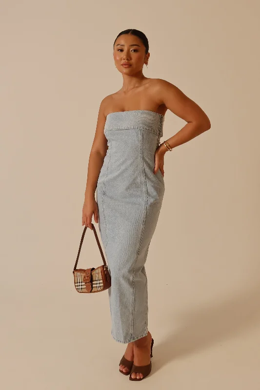Katherine Strapless Denim Midi Dress - Light Blue Comfortable Lace-Up Midi Dress