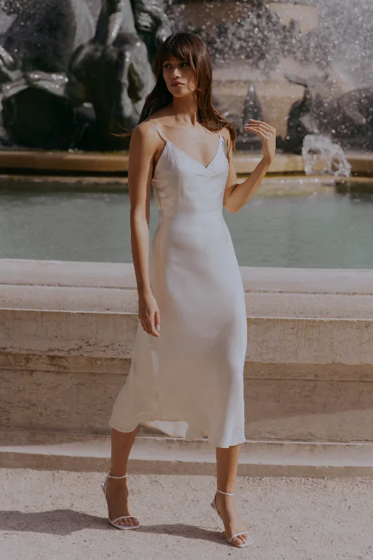 Kiko Satin Chiffon Midi Dress - Ivory Stylish Striped Midi Dress