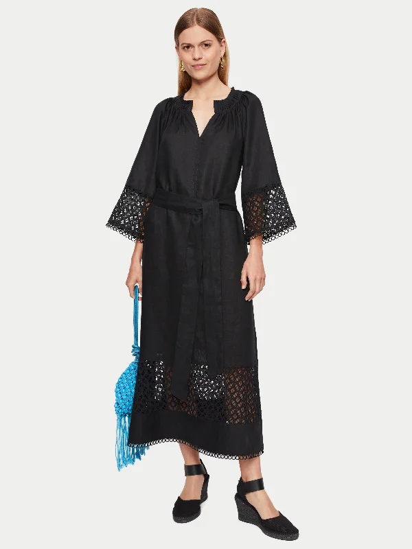 Lillia Linen Broderie Midi Dress | Black Comfortable Adjustable Strap Midi Dress