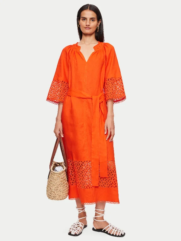 Lillia Linen Broderie Midi Dress | Orange Trendy Midi Dress with Belt