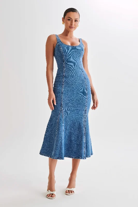 Milena Denim Midi Dress - 70's Blue Comfortable Ruched Midi Dress