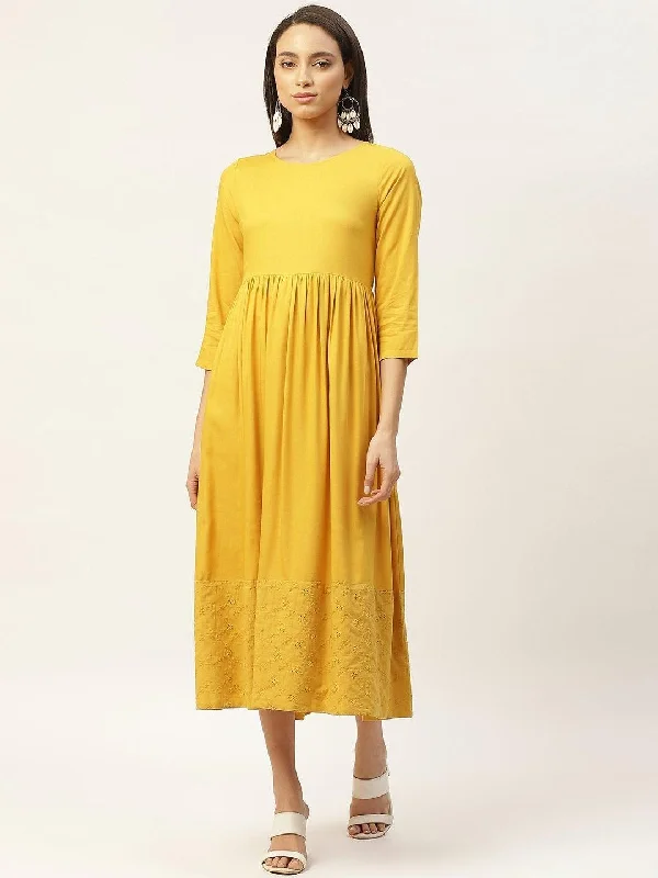 Women's Mustard Schiffli Gathered Midi Dress - SASSAFRAS Elegant Maxi-Midi Hybrid Dress