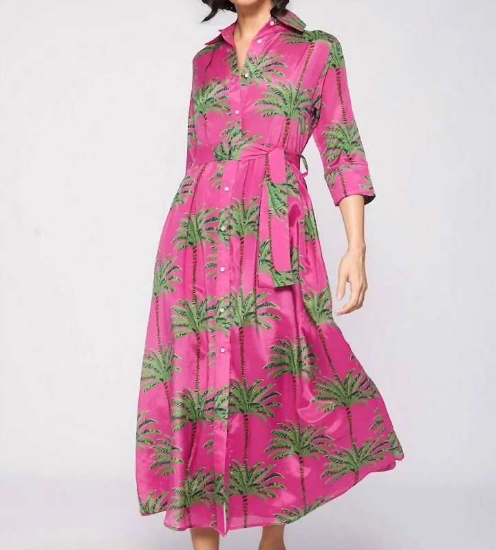 Natalia Palm Midi Dress In Pink Multi Fashionable Off-Shoulder Dress Midi