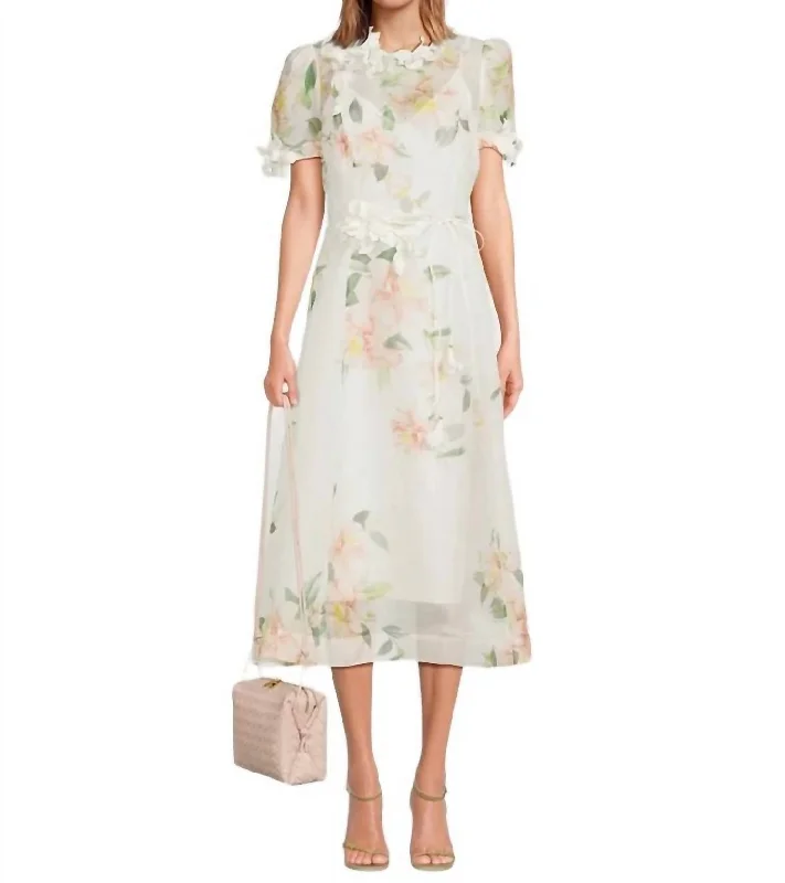 Natura Liftoff Flower Midi Dress In Ivory Camelia Elegant Floral Skirt Midi Dress