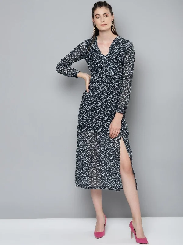 Women's Navy Floral Geo Print Wrap Detail Midi Dress - SASSAFRAS Cozy T-shirt Midi Dress