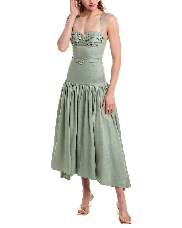 Nicholas Drenica Drop Waist Corset Linen Midi Dress Cozy Midi Dress with Pockets
