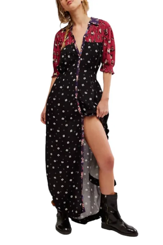Nora Midi Dress In Black/red Elegant Puff Sleeve Midi Dress