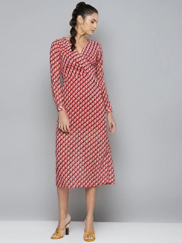 Women's Orange Geo Wrap Detail Midi Dress - SASSAFRAS Trendy Long Sleeve Midi Dress
