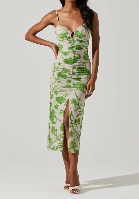 Palermo Ruched Midi Dress In Green Comfortable Denim Midi Dress