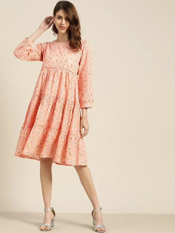 Women's Peach Floral Tiered Midi Dress - SHAE Cozy Spaghetti Strap Midi Dress